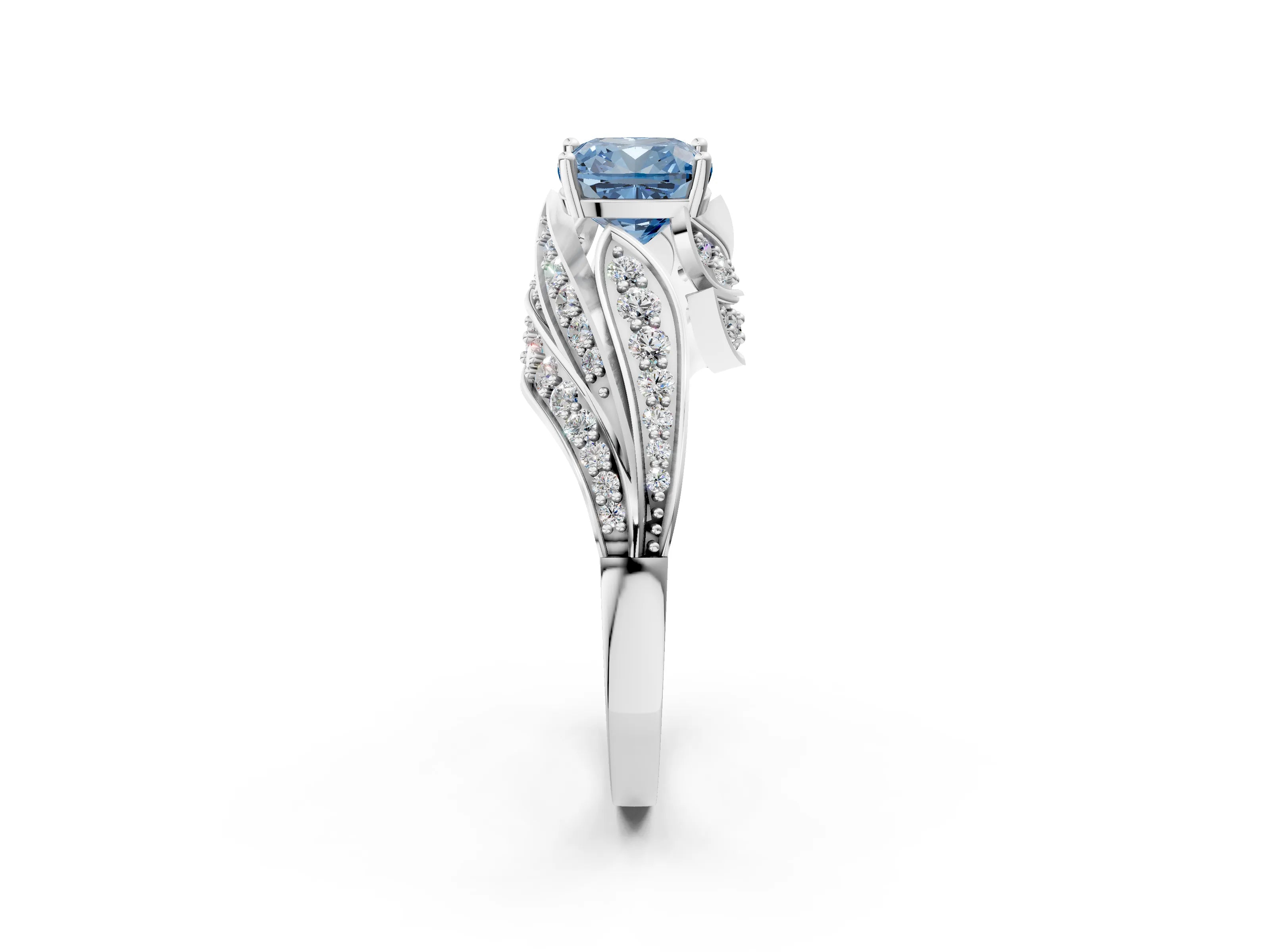White gold Fancy Blue Cushion Cut Diamond Solitaire Ring with Prong Setting and Twisted Pavé Band_2