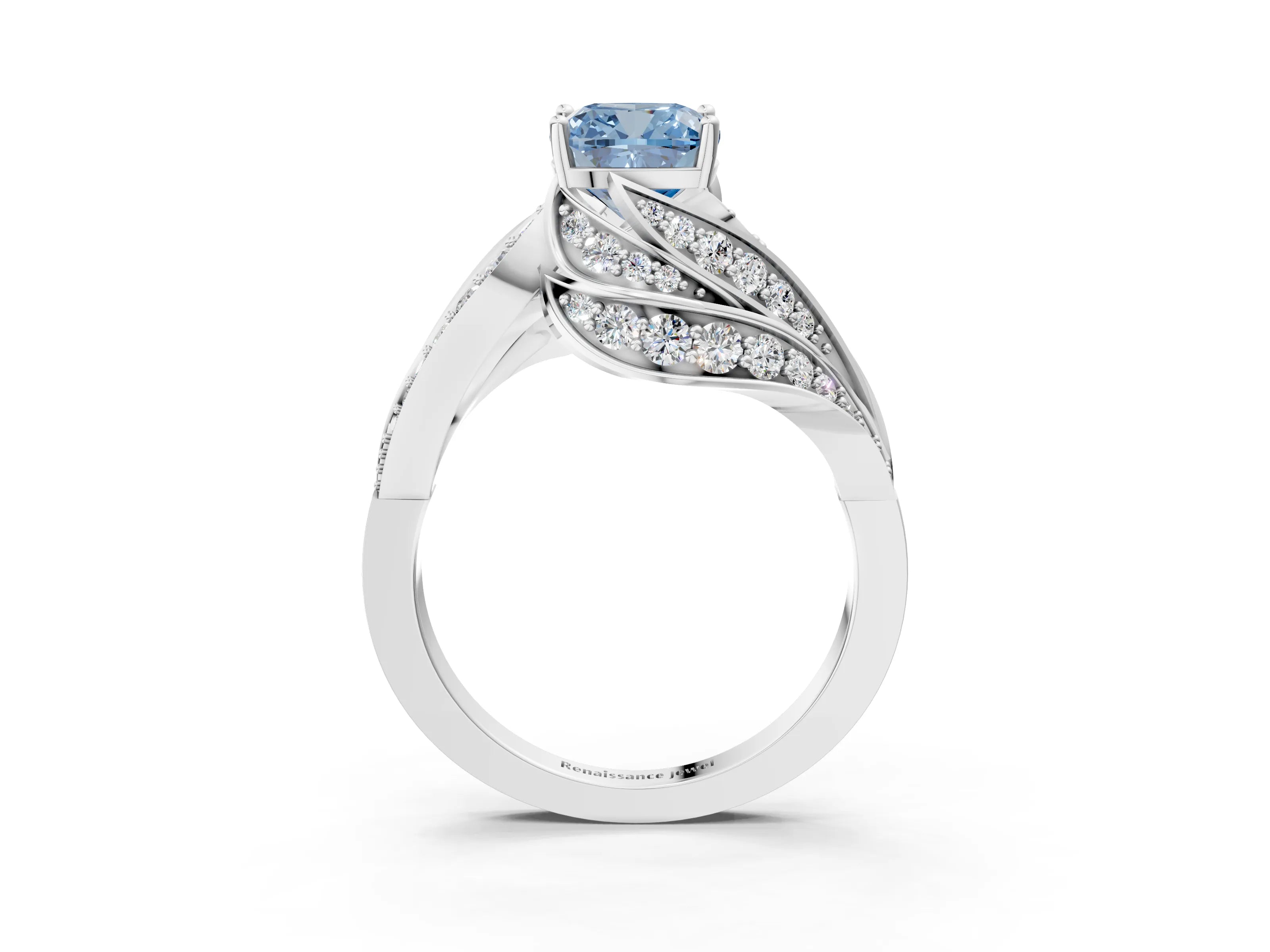 White gold Fancy Blue Cushion Cut Diamond Solitaire Ring with Prong Setting and Twisted Pavé Band_3