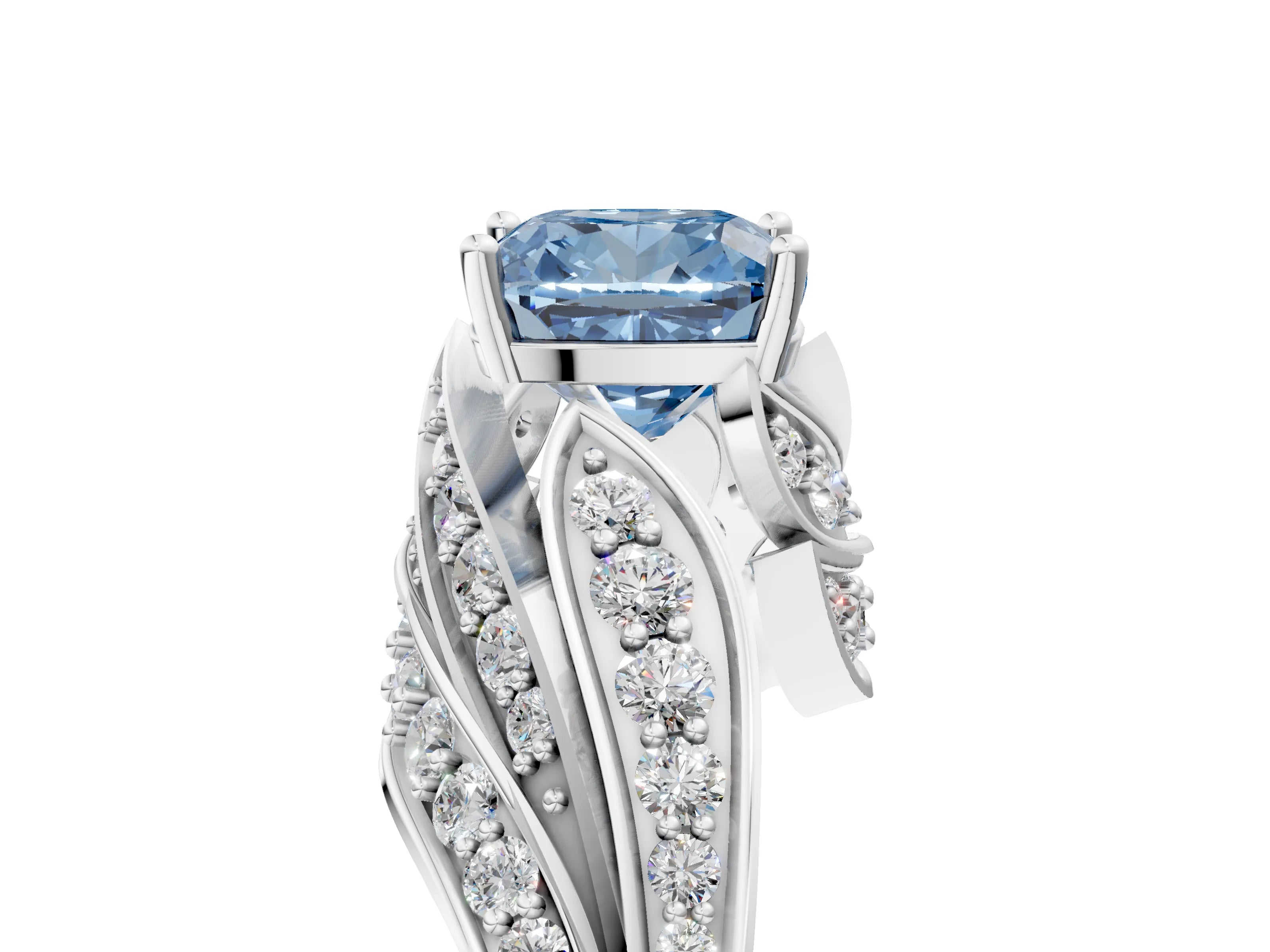 White gold Fancy Blue Cushion Cut Diamond Solitaire Ring with Prong Setting and Twisted Pavé Band_5