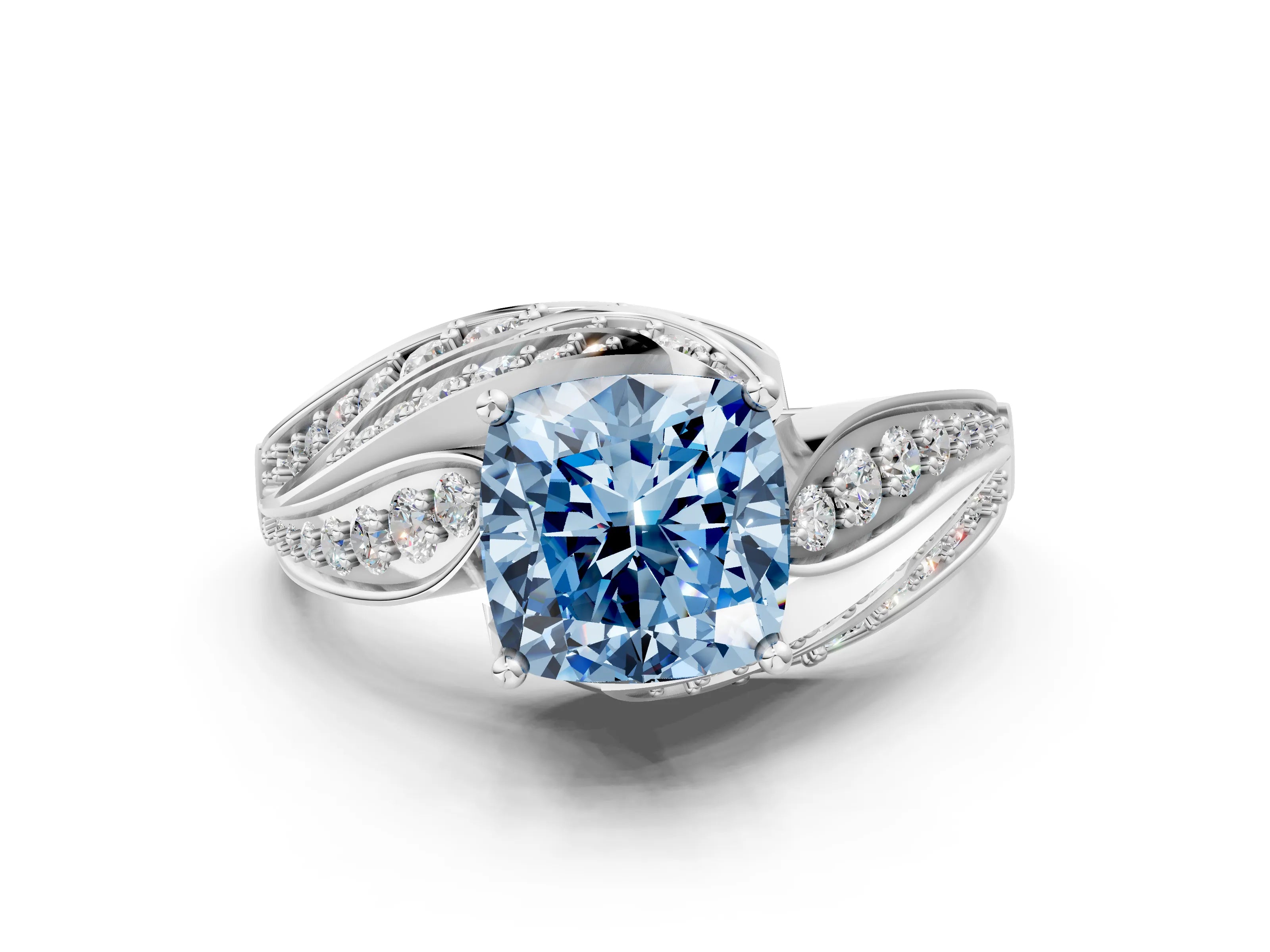 White gold Fancy Blue Cushion Cut Diamond Solitaire Ring with Prong Setting and Twisted Pavé Band
