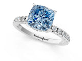 White gold Fancy Blue Cushion Cut Diamond Solitaire Ring with Round  Pavé Band and Four-Prong Setting_61
