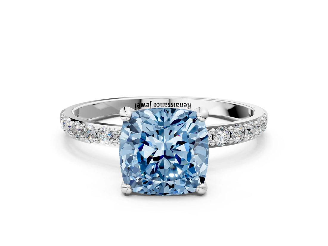 White gold Fancy Blue Cushion Cut Diamond Solitaire Ring with Round  Pavé Band and Prong Setting_137