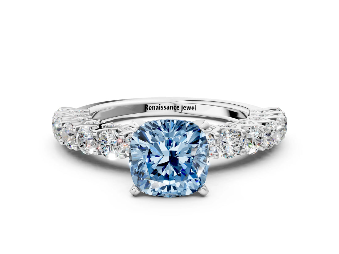 White gold Fancy Blue Cushion Cut Diamond Solitaire Ring with Shared Prong Pavé Band and Four-Prong Setting_70