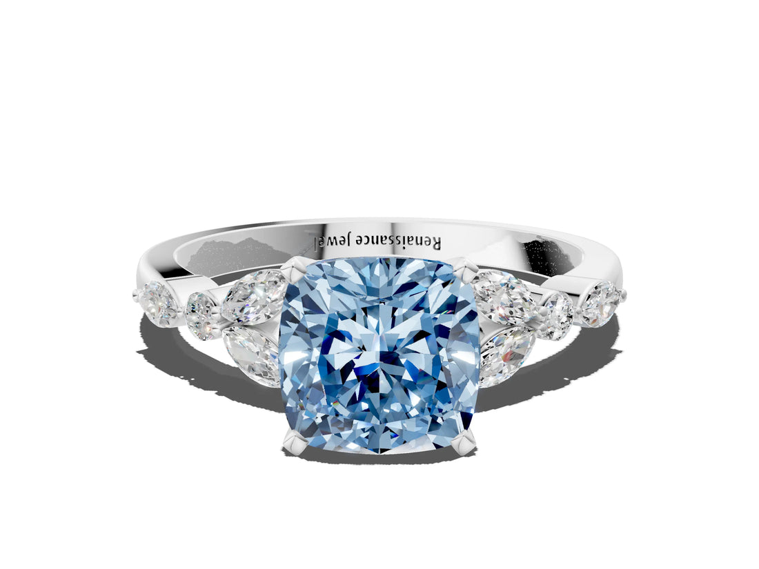 White gold Fancy Blue Cushion Cut Diamond Solitaire Ring with Side Stones and Four-Prong Setting_68