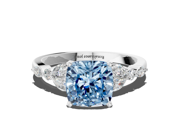 White gold Fancy Blue Cushion Cut Diamond Solitaire Ring with Side Stones and Four-Prong Setting
