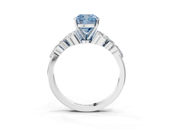 White gold Fancy Blue Cushion Cut Diamond Solitaire Ring with Side Stones and Four-Prong Setting