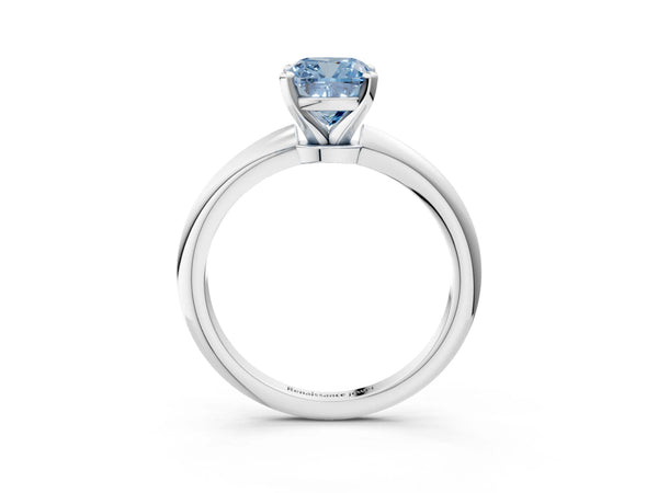 Platinum Fancy Blue Cushion Cut Diamond Solitaire Ring with Six-Prong Setting and Classic Band