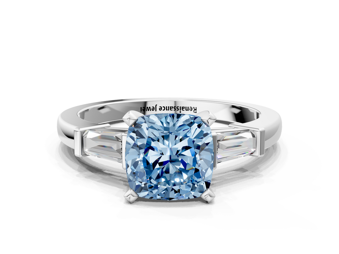White gold Fancy Blue Cushion  Cut Diamond Solitaire Ring with Tapered Baguette Accents and Four-Prong Setting_81
