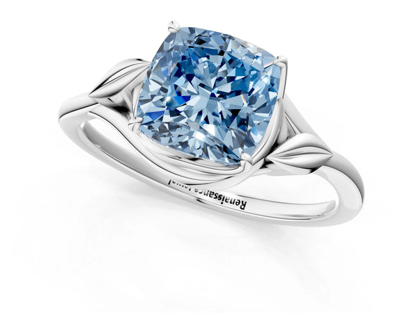 White gold Fancy Blue Cushion Cut Diamond Solitaire Ring with Twist Band and Four-Prong Setting