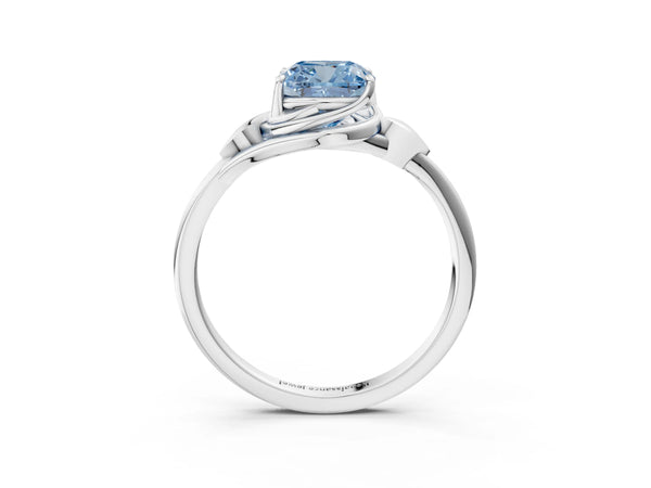 White gold Fancy Blue Cushion Cut Diamond Solitaire Ring with Twist Band and Four-Prong Setting
