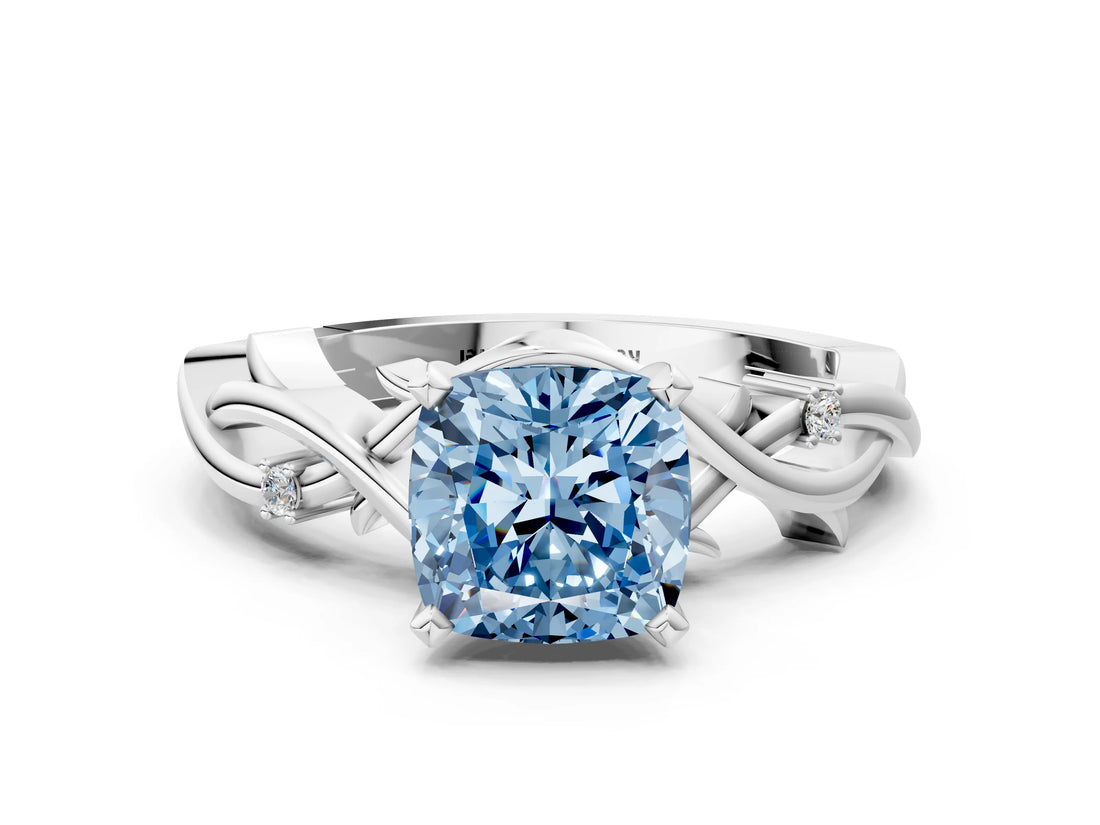 White gold Fancy Blue Cushion Cut Diamond Solitaire Ring with Twisted Band and Prong Setting_259