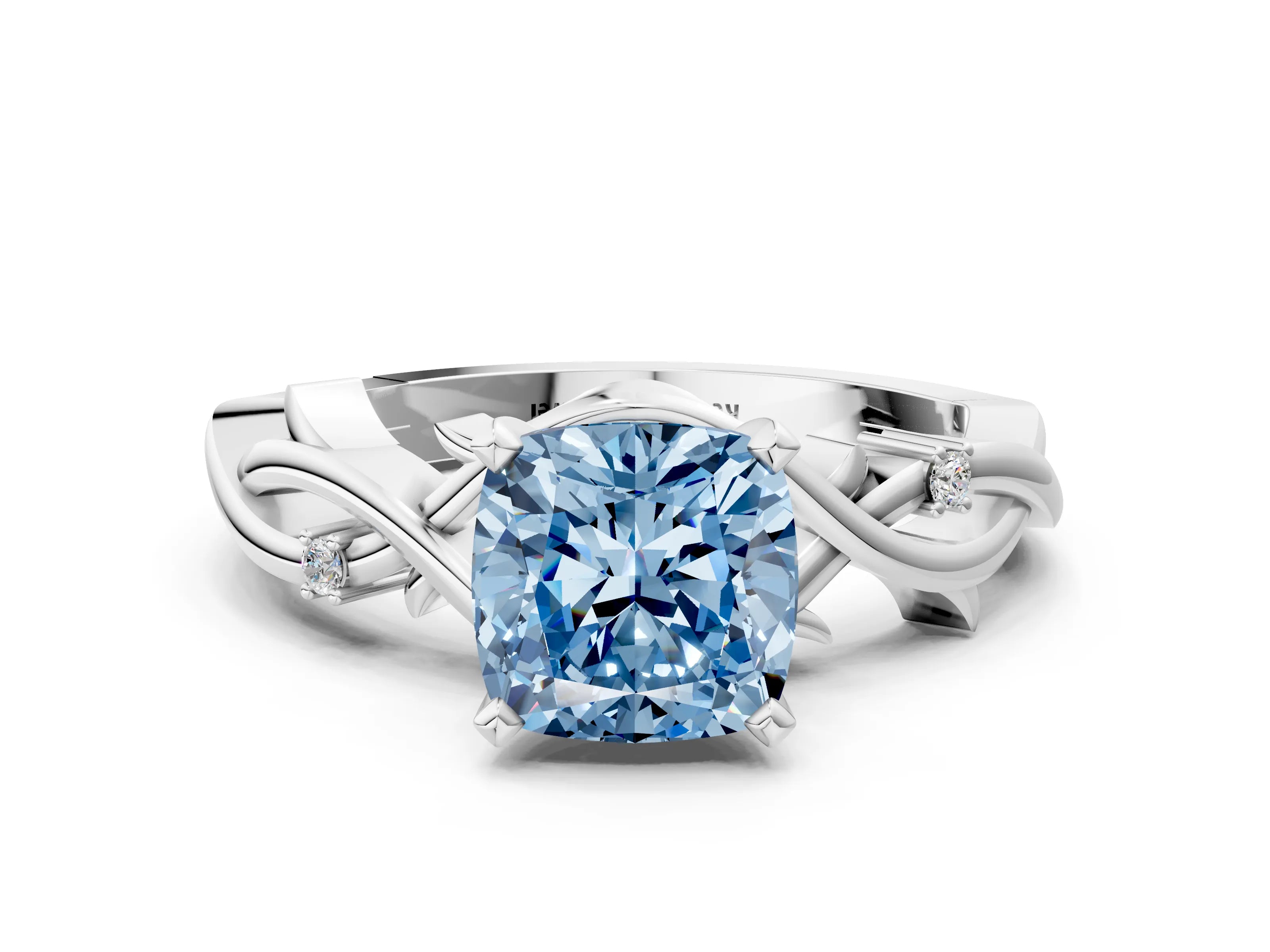 White gold Fancy Blue Cushion Cut Diamond Solitaire Ring with Twisted Band and Prong Setting_329