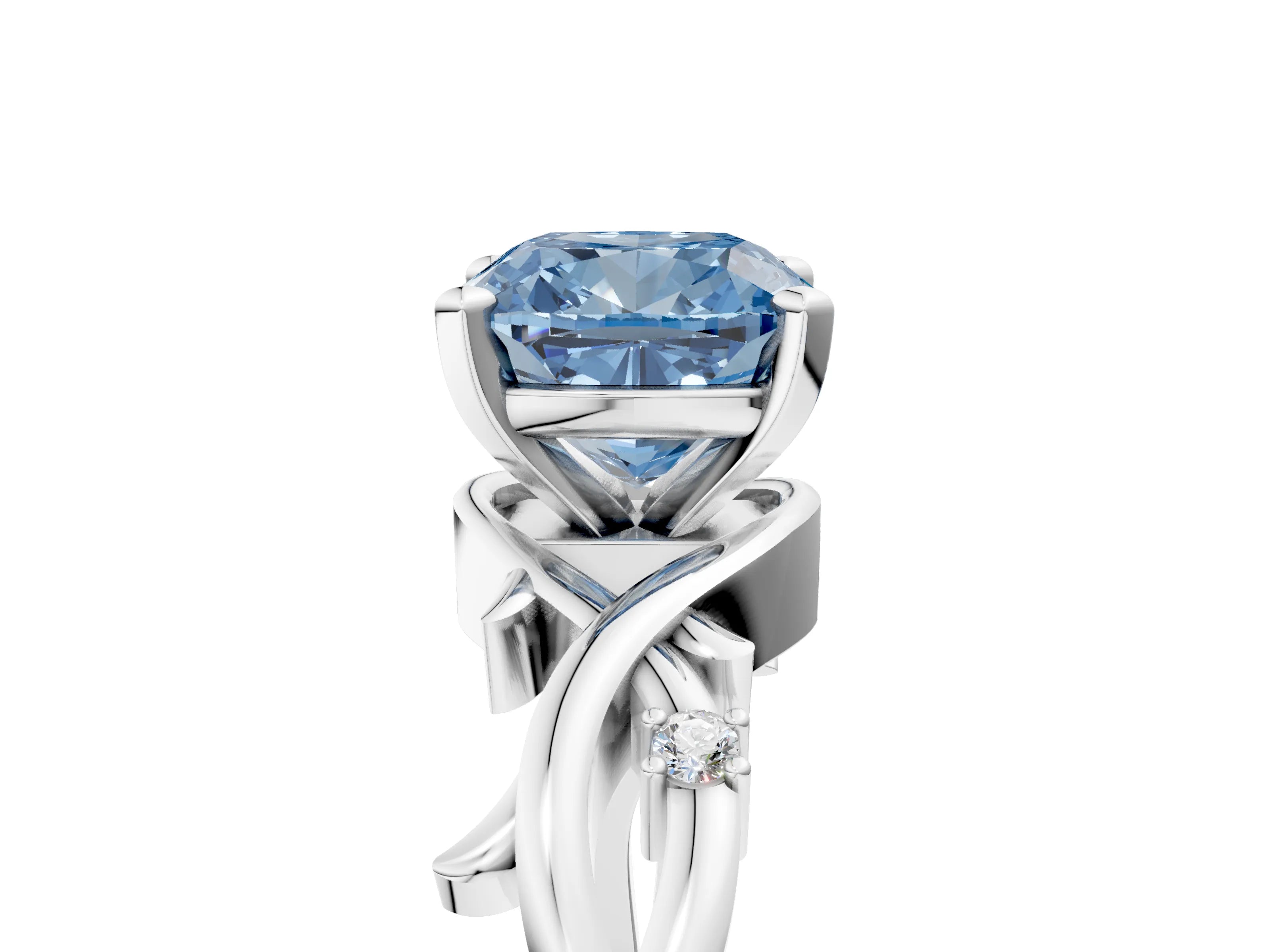 White gold Fancy Blue Cushion Cut Diamond Solitaire Ring with Twisted Band and Prong Setting_334
