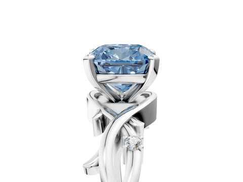 White gold Fancy Blue Cushion Cut Diamond Solitaire Ring with Twisted Band and Prong Setting_334