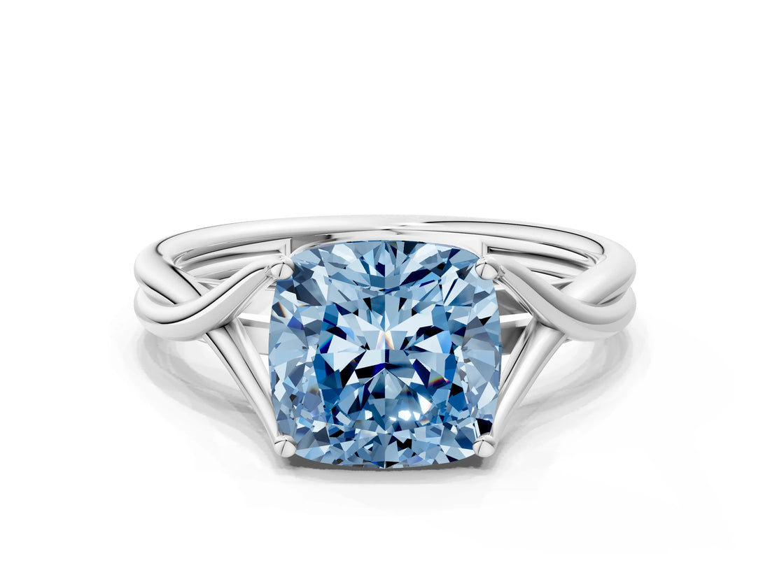 White gold Fancy Blue Cushion Cut Diamond Solitaire Twist Band Prong Setting Ring_131