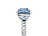 White gold Fancy Blue Cushion  Cut Diamond Solitaire with Pave Band and Four-Prong Setting