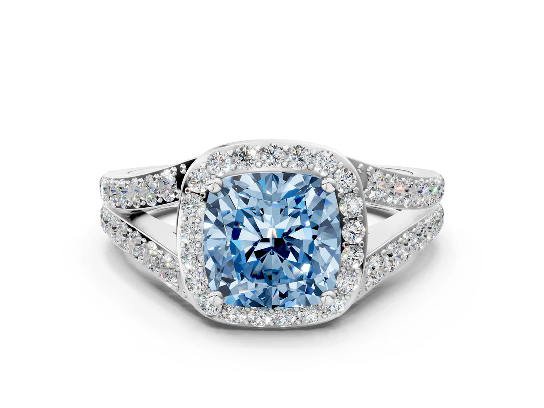 White gold Fancy Blue Cushion Cut Diamond Split Shank Halo Ring with Four-Prong Setting_70