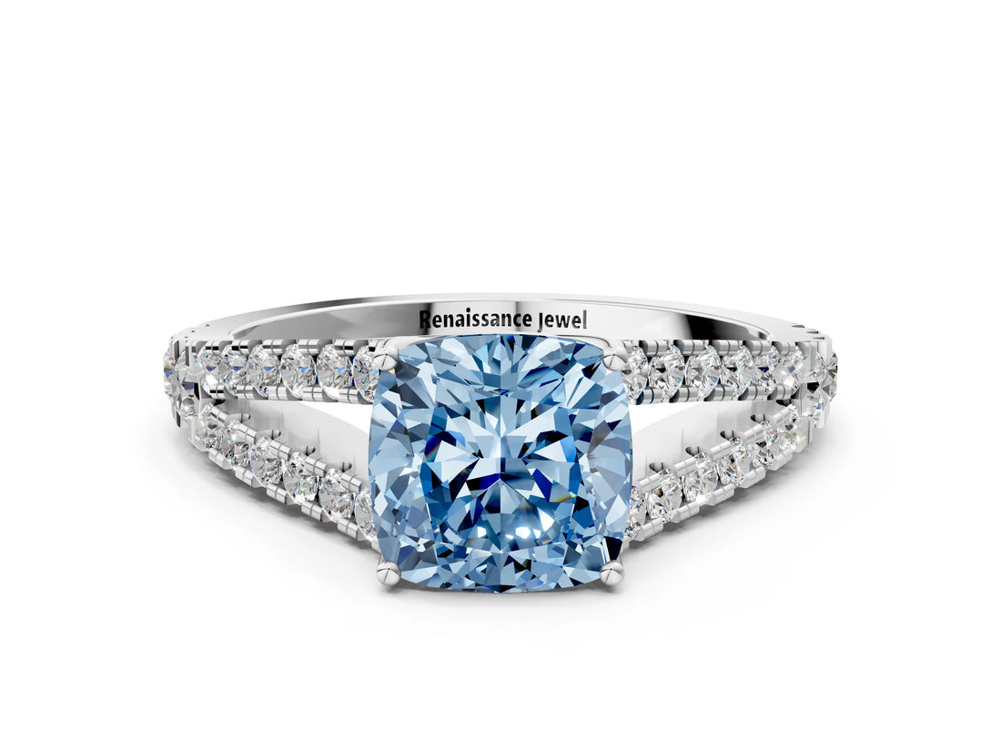 White gold Fancy Blue Cushion Cut Diamond Split Shank Pavé Engagement Ring with Four-Prong Setting_86