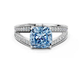 White gold Fancy Blue Cushion Cut Diamond Split Shank Ring with Pavé Band and Four-Prong Setting_44