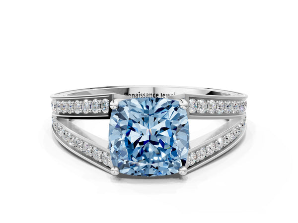 Platinum Cushion Cut Pave Split Shank Engagement Ring Setting for Fancy Blue Center