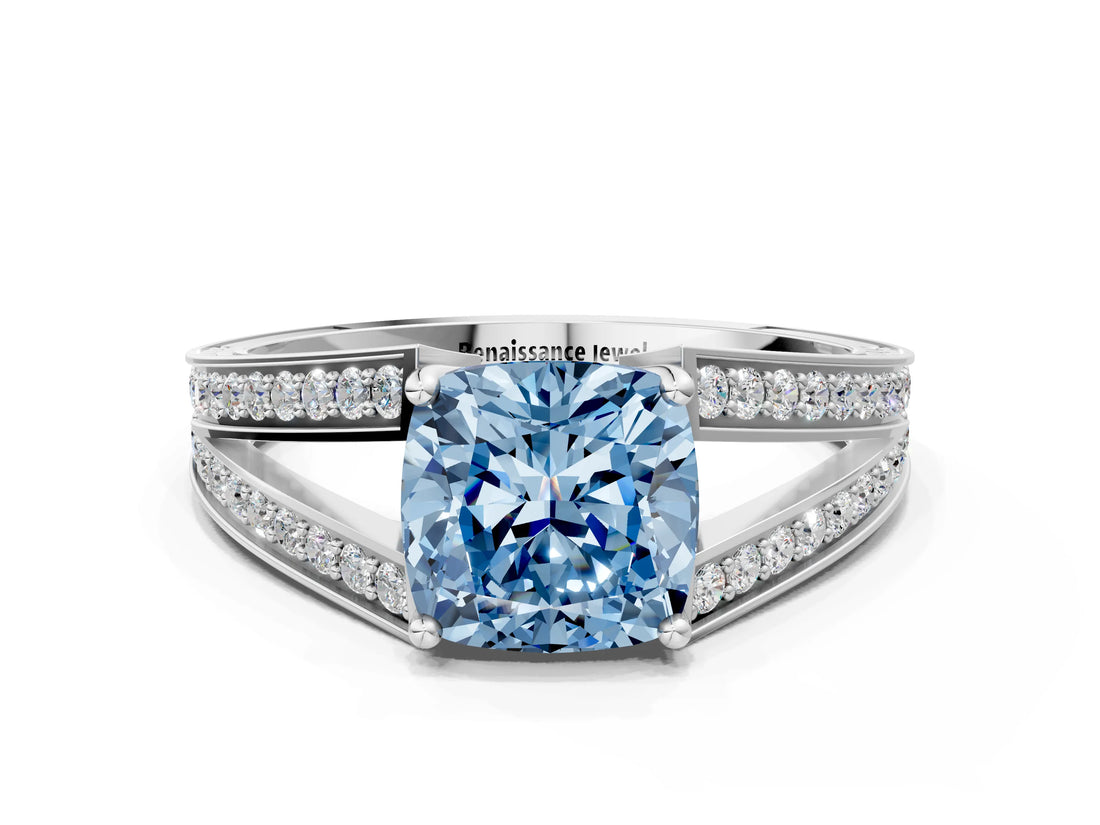 White gold Fancy Blue Cushion Cut Diamond Split Shank Ring with Pavé Band and Four-Prong Setting_44