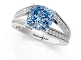 White gold Fancy Blue Cushion Cut Diamond Split Shank Ring with Pavé Band and Four-Prong Setting_45