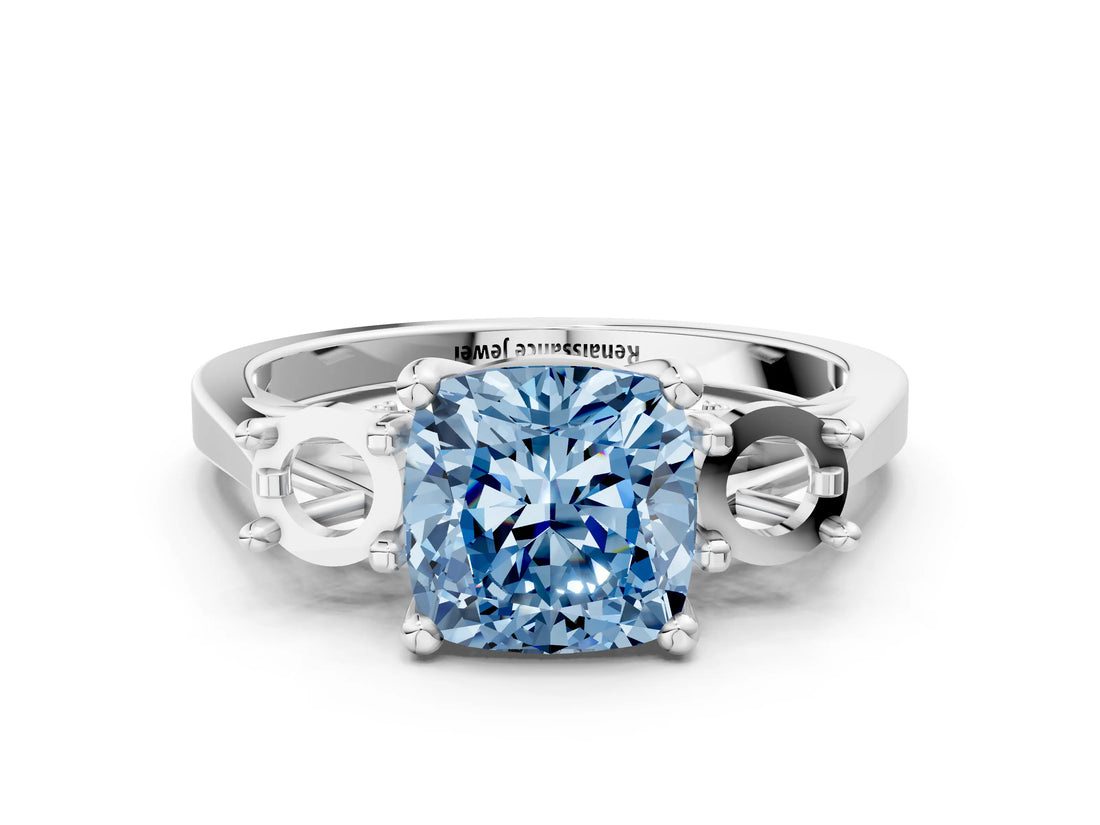White gold Fancy Blue Cushion Cut Diamond Three-Stone Engagement Ring with Prong Setting and Pavé Band