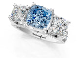 White gold Fancy Blue Cushion Cut Diamond Three-Stone Ring with Channel Set Band and Four-Prong Setting_85