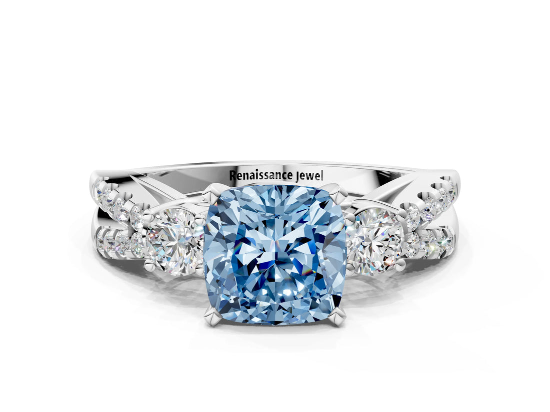 White gold Fancy Blue Cushion Cut Diamond Three-Stone Ring with Pavé Split Shank and Four-Prong Setting_49