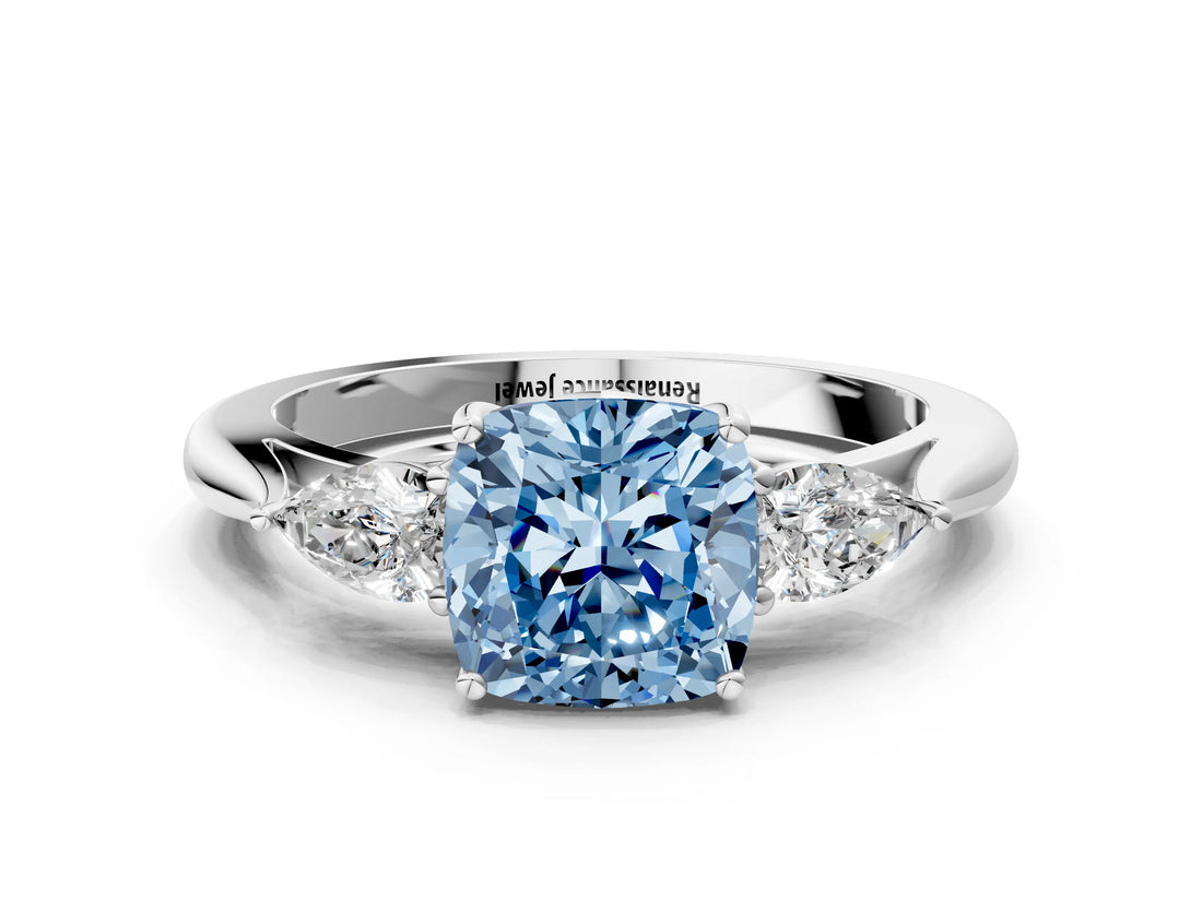 White gold Fancy Blue Cushion Cut Diamond Three-Stone Ring with Pear  Side Stones and Prong Setting_107