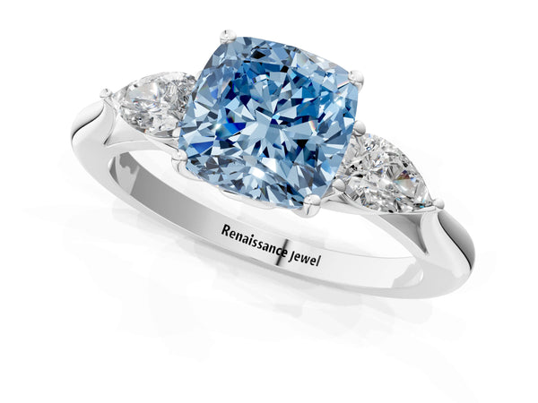 Platinum Cushion Cut Three Stone Pear Side Engagement Ring Setting for Fancy Blue Center