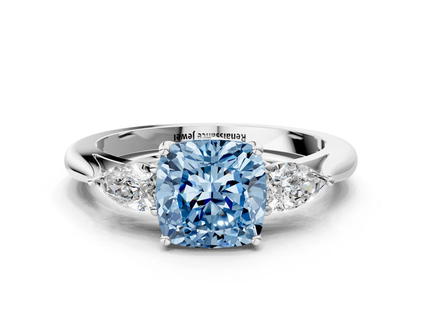 White Gold Cushion Cut Three Stone Pear Side Engagement Ring Setting for Fancy Blue Center