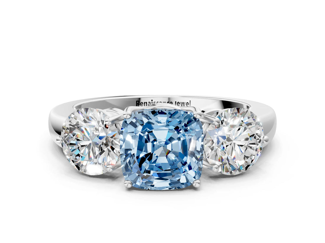 White gold Fancy Blue Cushion Cut Diamond Three-Stone Ring with Prong Setting and Classic Band_123