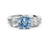 White gold Fancy Blue Cushion Cut Diamond Three-Stone Ring with Prong Setting and Classic Band_124