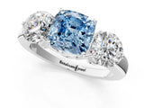White gold Fancy Blue Cushion Cut Diamond Three-Stone Ring with Prong Setting and Classic Band_124