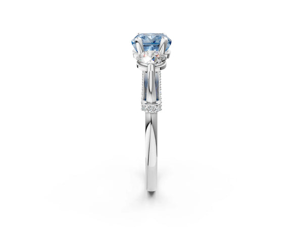 White gold Fancy Blue Cushion Cut Diamond Three-Stone Ring with Prong Setting and Pavé Band