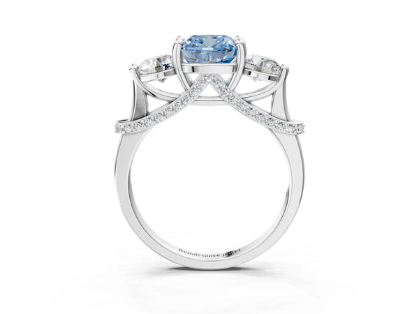 White gold Fancy Blue Cushion Cut Diamond Three-Stone Ring with Prong Setting and Pavé Band