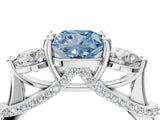 White gold Fancy Blue Cushion Cut Diamond Three-Stone Ring with Prong Setting and Pavé Band_4