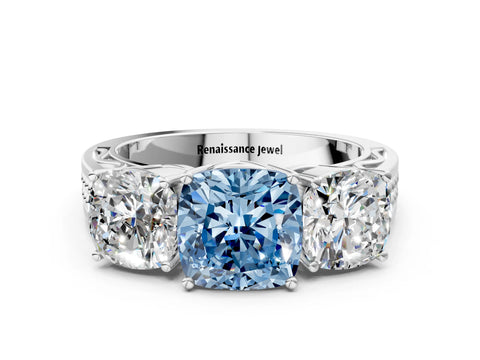 White gold Fancy Blue Cushion Cut Diamond Three-Stone Ring with Prong Setting and Textured Band_12