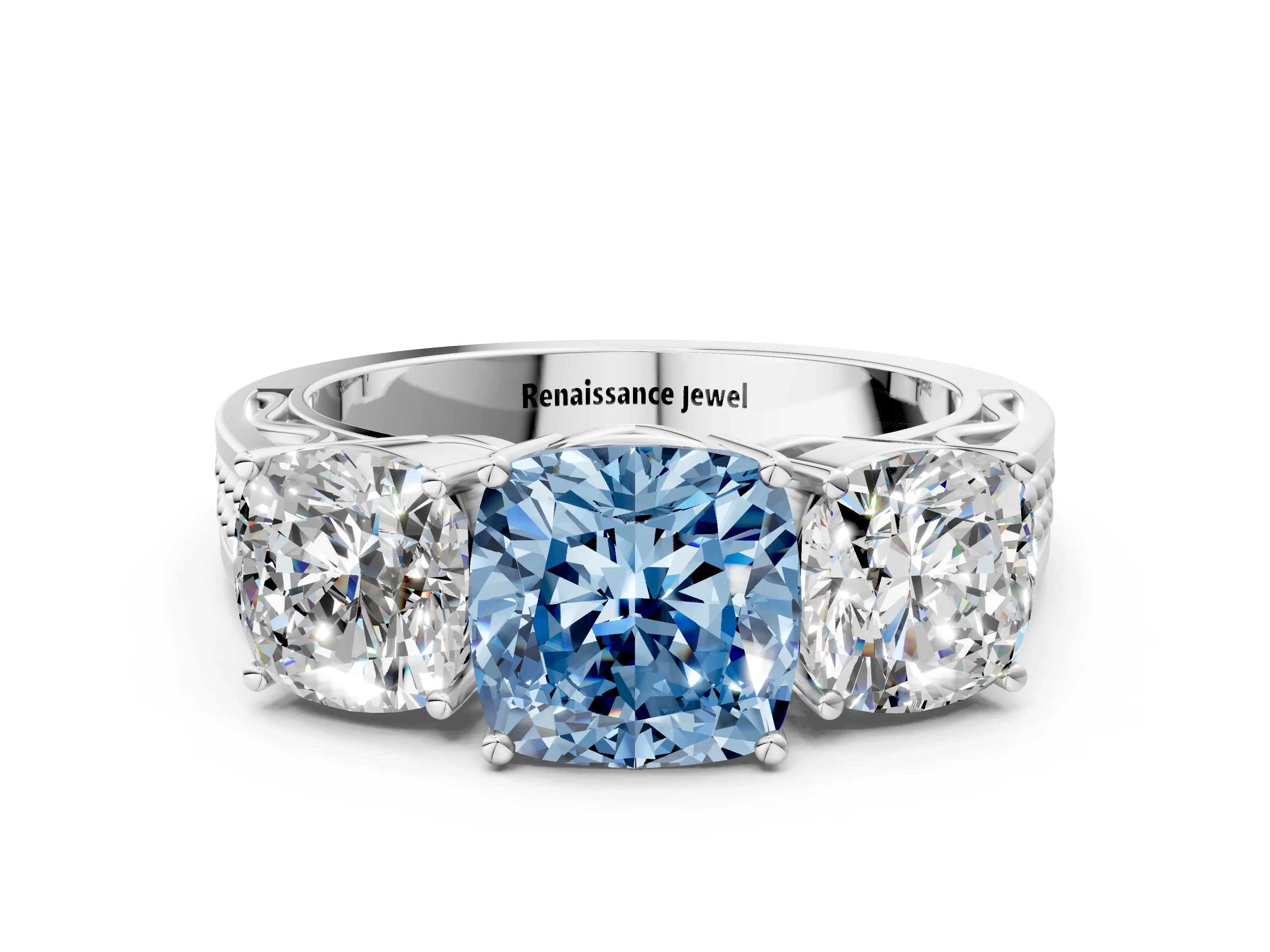 White gold Fancy Blue Cushion Cut Diamond Three-Stone Ring with Prong Setting and Textured Band_12