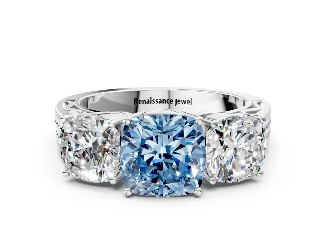 White gold Fancy Blue Cushion Cut Diamond Three-Stone Ring with Prong Setting and Textured Band_12