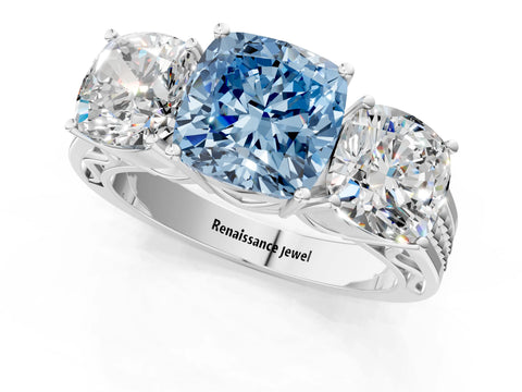 White gold Fancy Blue Cushion Cut Diamond Three-Stone Ring with Prong Setting and Textured Band_13