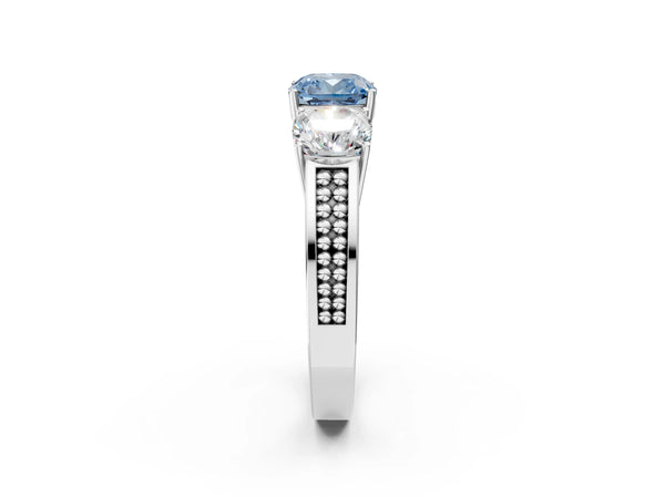 White gold Fancy Blue Cushion Cut Diamond Three-Stone Ring with Prong Setting and Textured Band