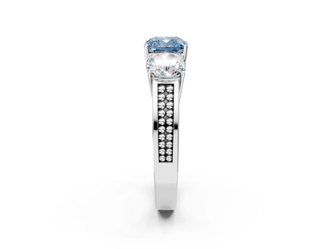 White gold Fancy Blue Cushion Cut Diamond Three-Stone Ring with Prong Setting and Textured Band_14
