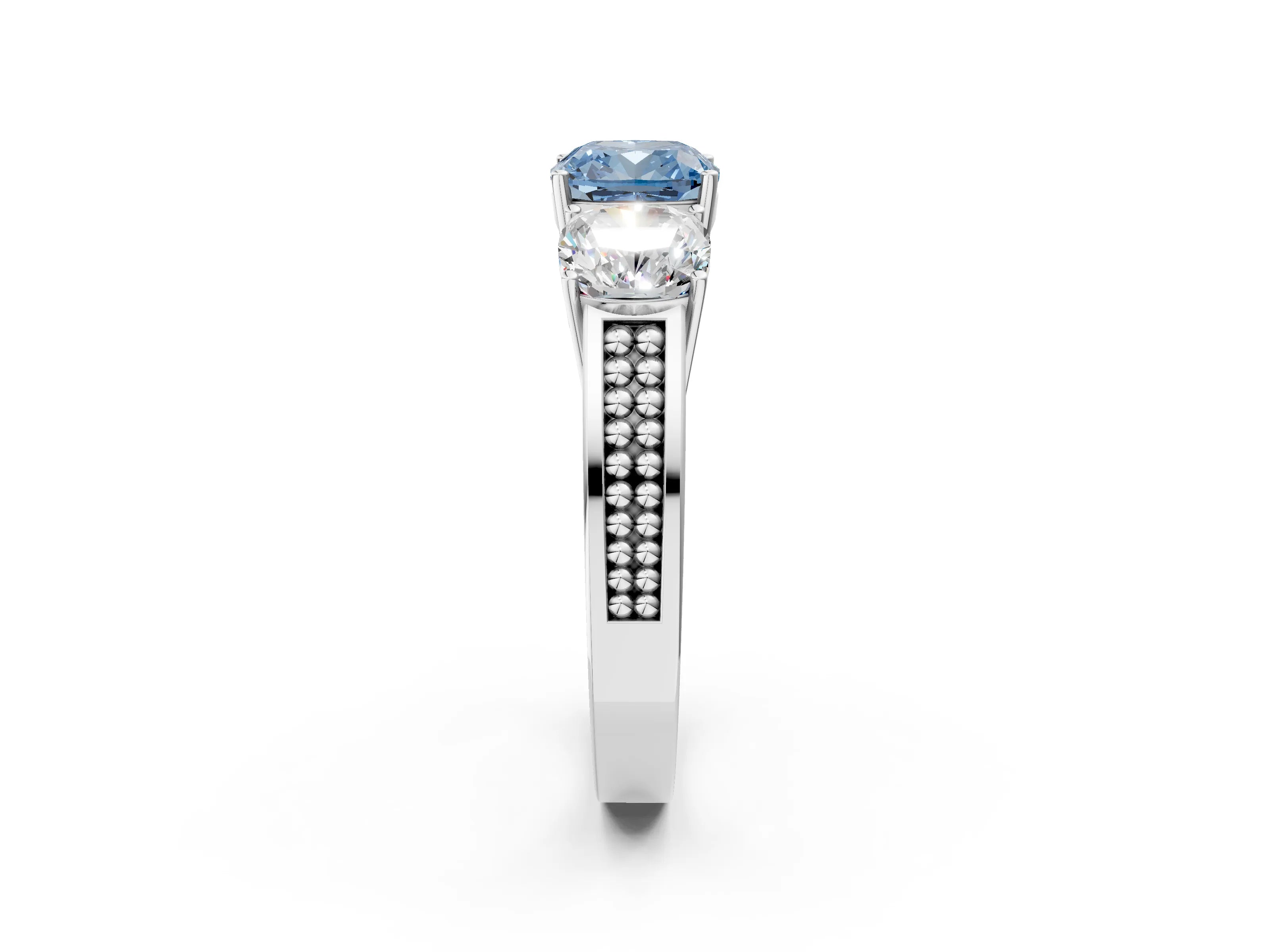 White gold Fancy Blue Cushion Cut Diamond Three-Stone Ring with Prong Setting and Textured Band_14