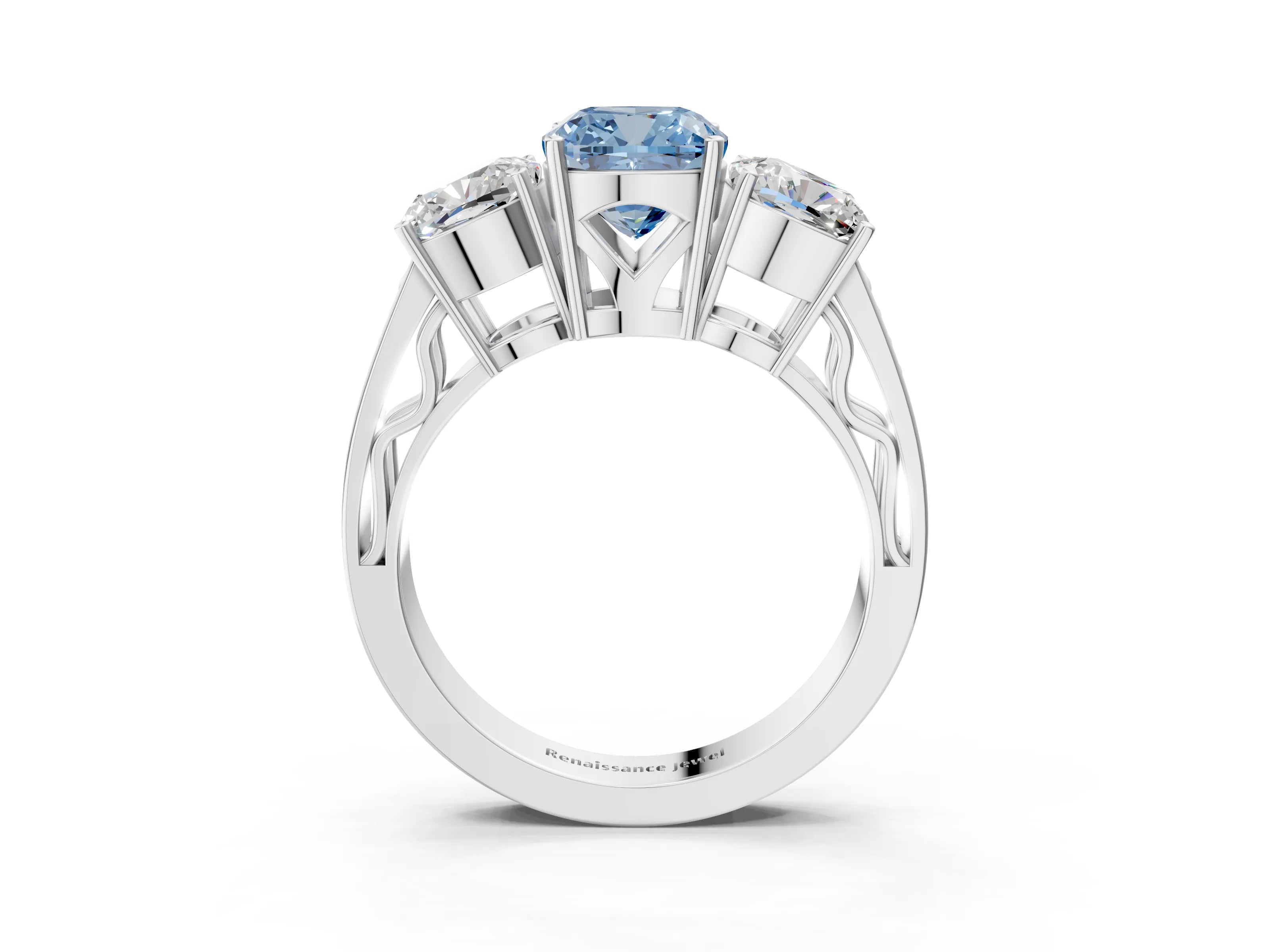 White gold Fancy Blue Cushion Cut Diamond Three-Stone Ring with Prong Setting and Textured Band_15