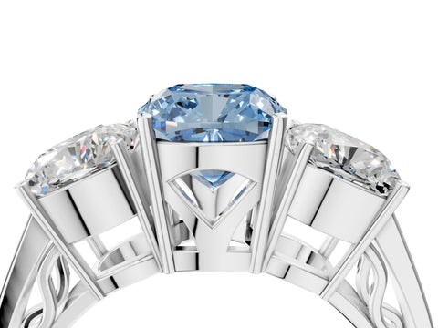 White gold Fancy Blue Cushion Cut Diamond Three-Stone Ring with Prong Setting and Textured Band_16