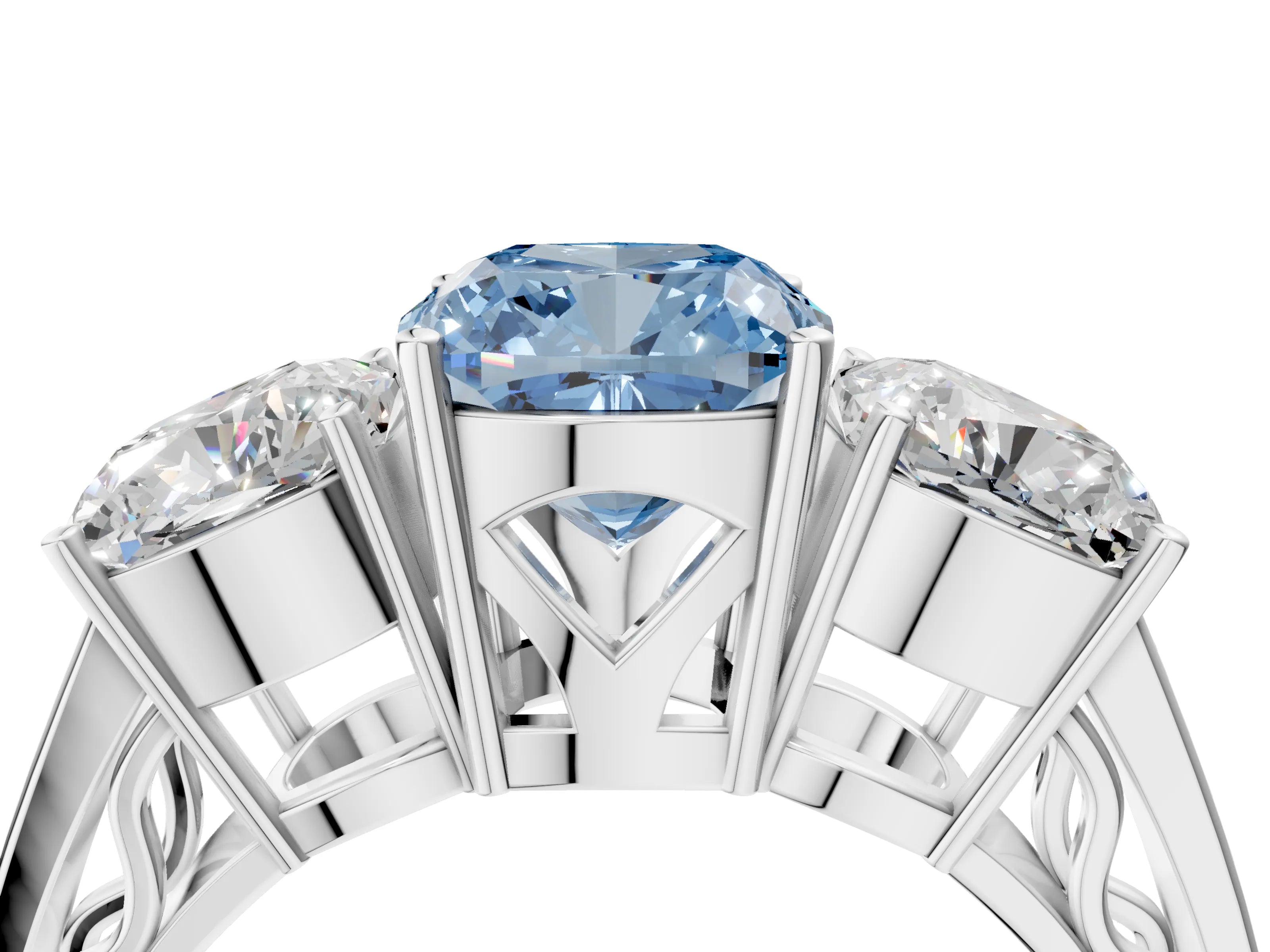 White gold Fancy Blue Cushion Cut Diamond Three-Stone Ring with Prong Setting and Textured Band_16