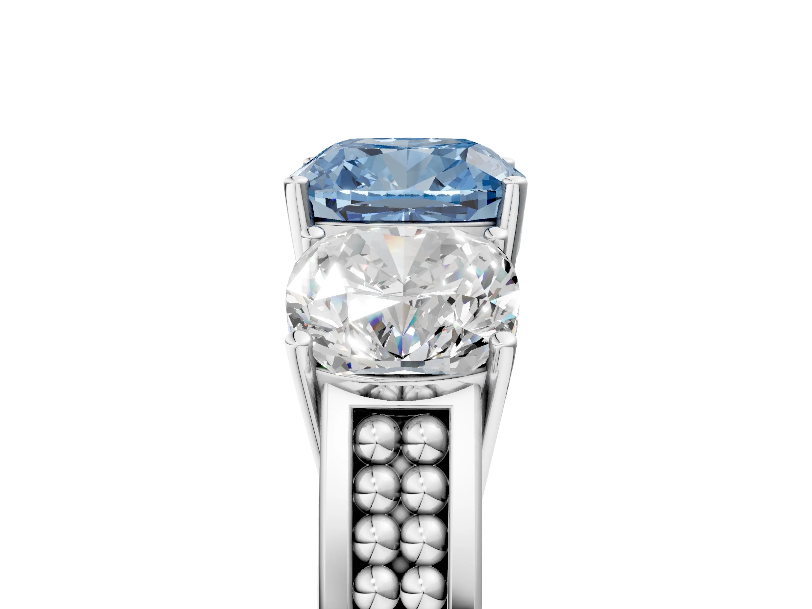 White gold Fancy Blue Cushion Cut Diamond Three-Stone Ring with Prong Setting and Textured Band_17