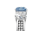 White gold Fancy Blue Cushion Cut Diamond Three-Stone Ring with Prong Setting and Textured Band_17
